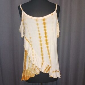 Shop Basic Y2k Boho Mustard Yellow Tie Dye Cold Shoulder‎ Ruffle Top Large